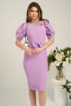 Rochie office din stofa lila cu funda in talie
