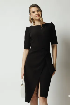 Rochie office din stofa neagra cu funda in talie