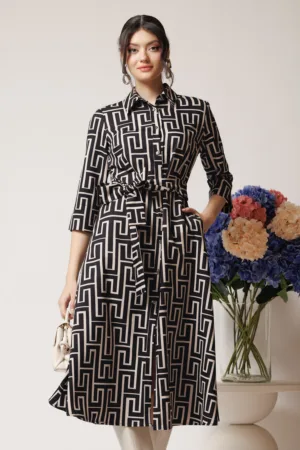 Rochie office din stofa neagra cu imprimeu ivory si cordon in talie