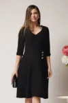 Rochie office din stofa neagra cu nasturi in talie