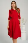 Rochie office din stofa rosie cu floare pe bust