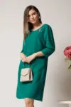 Rochie office din stofa verde cu buzunare si nasturi decorativi