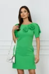 Rochie office din stofa verde cu flori maxi pe bust