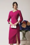 Rochie office din triplu voal magenta cu accesoriu in talie