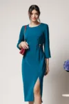 Rochie office din triplu voal verde cu accesoriu in talie