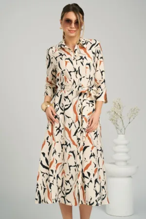 Rochie office din viscoza bej cu imprimeu caramiziu si cordon in talie