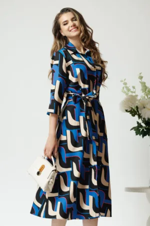 Rochie office din viscoza cu imprimeu geometric albastru si cordon in talie