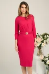 Rochie office din viscoza fucsia cu pliuri pe bust si cordon in talie