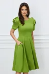 Rochie office verde fistic clos cu trandafiri la maneci