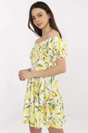 Rochie pe bie cu decolteu pe umeri si imprimeu cu citrice -