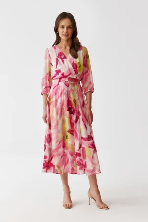 Rochie petrecuta cu model floral si cordon in talie