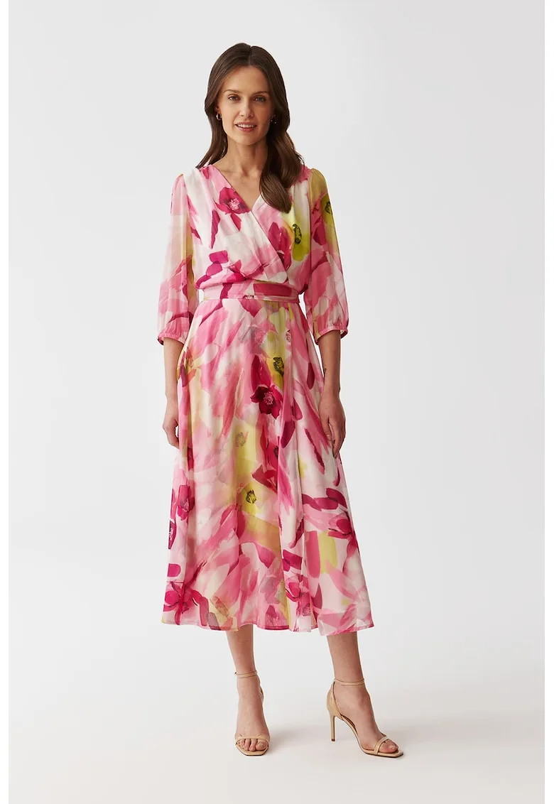 Rochie petrecuta cu model floral si cordon in talie