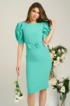 Rochie office din stofa verde mint cu funda in talie