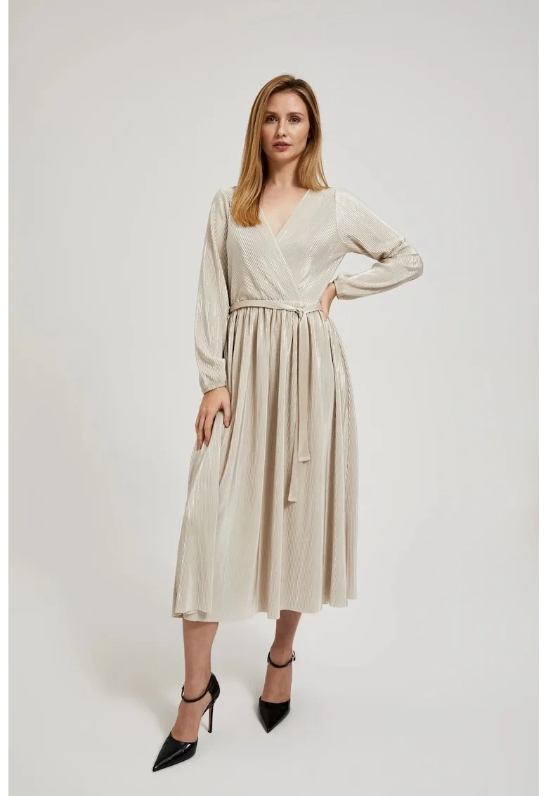 Rochie plisata cu legare in talie bej