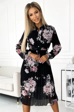 Rochie plisata midi cu maneca lunga -