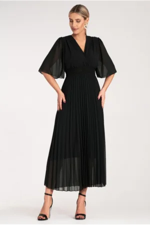 Rochie plisata midi - eleganta - poliester - neagra -