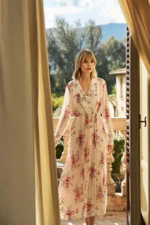 Rochie plisata roz cu flori