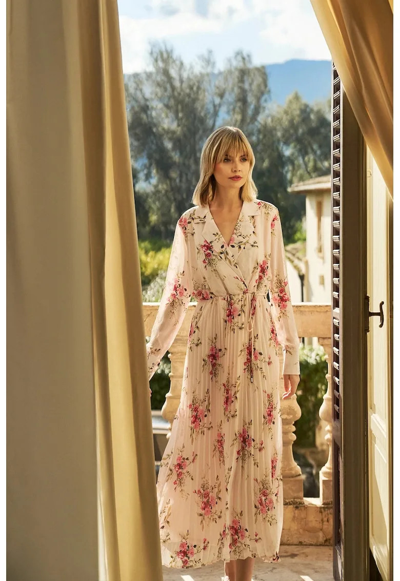 Rochie plisata roz cu flori