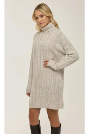 Rochie pulover -  tricot - bej - guler inalt - design elegant