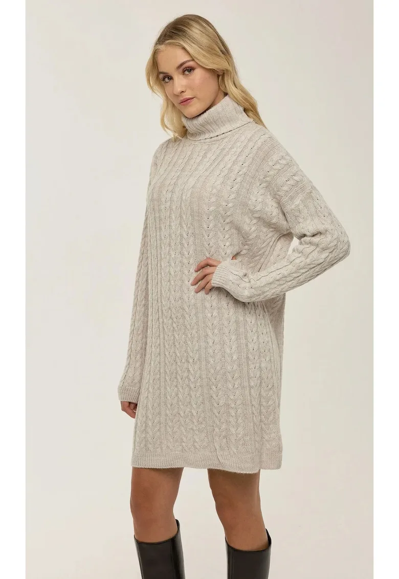 Rochie pulover - tricot - bej - guler inalt - design elegant