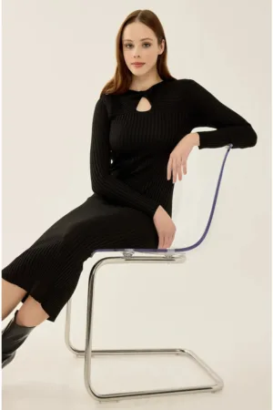 Rochie -  rochie midi tricotata - guler choker - negru - tricot