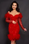 Rochie rosie Valentina scurta cu paiete si fulgi
