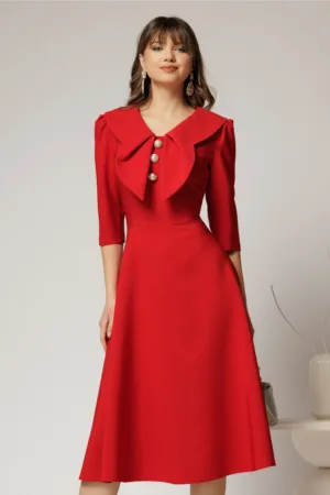 Rochie rosie clos de ocazie cu guler maxi si nasturi perluta