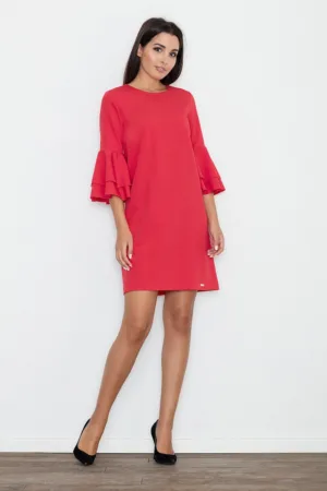 Rochie rosie - cu maneci volan - din material usor - poliester