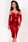 Rochie rosie de ocazie din catifea rosie Goldie cu maneci detasabile