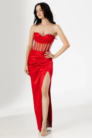 Rochie rosie de seara lunga Sabina cu fronseuri si pietre pretioase