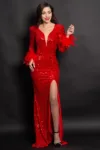 Rochie rosie de seara tip sirena Serafina cu paiete si fulgi