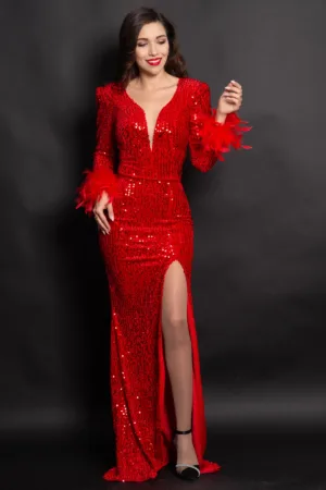 Rochie rosie de seara tip sirena Serafina cu paiete si fulgi