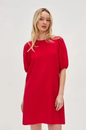 Rochie rosie din viscoza cu maneci bufante