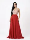 Rochie rosie din voal cu slit pe picior