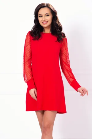 Rochie rosie lejera cu maneci din tulle cu buline