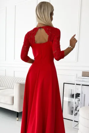 Rochie rosie lunga - eleganta - cu top din dantela si despicatura la picior