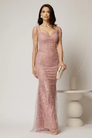 Rochie roz de seara croi sirena cu aplicatii de paiete si margele