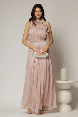 Rochie roz lunga de ocazie din voal peliculizat cu cordon impletit