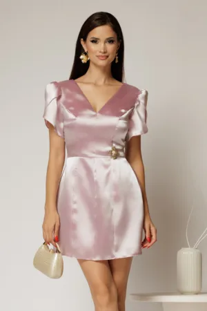 Rochie roz scurta din tafta cu accesoriu auriu in talie