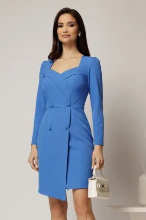 Rochie scurta albastra cu maneci lungi si nasturi imbracati