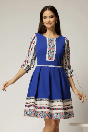 Rochie scurta albastra cu motive etno