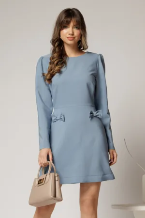 Rochie scurta bleu cu fusta tip A si fundite