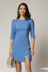 Rochie scurta bleu cu fusta tip A si nasturi decorativi