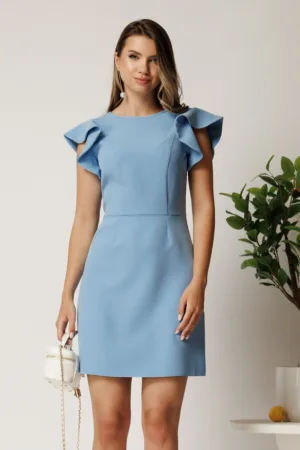 Rochie scurta bleu din stofa cu funda maxi la spate