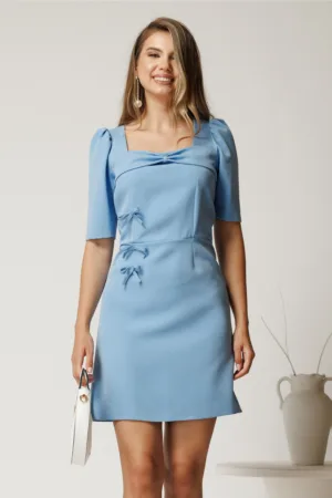 Rochie scurta bleu din stofa cu fundite