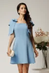Rochie scurta bleu din stofa in clini cu funde la umeri