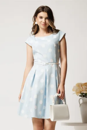 Rochie scurta bleu in clos cu buline si curea in talie