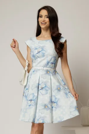Rochie scurta bleu in clos cu imprimeu floral si curea in talie