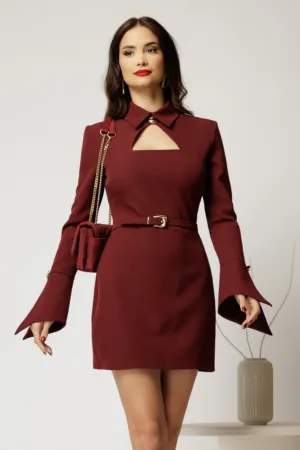Rochie scurta bordo cu guler tip camasa si accesoriu