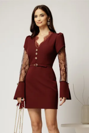 Rochie scurta bordo cu maneci din dantela si decolteu V